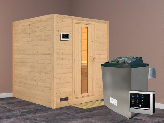 Karibu Sauna Mojave inkl. 9-kW-Ofen mit externer Steuerung, ohne Dachkranz, mit energiesparender Sau