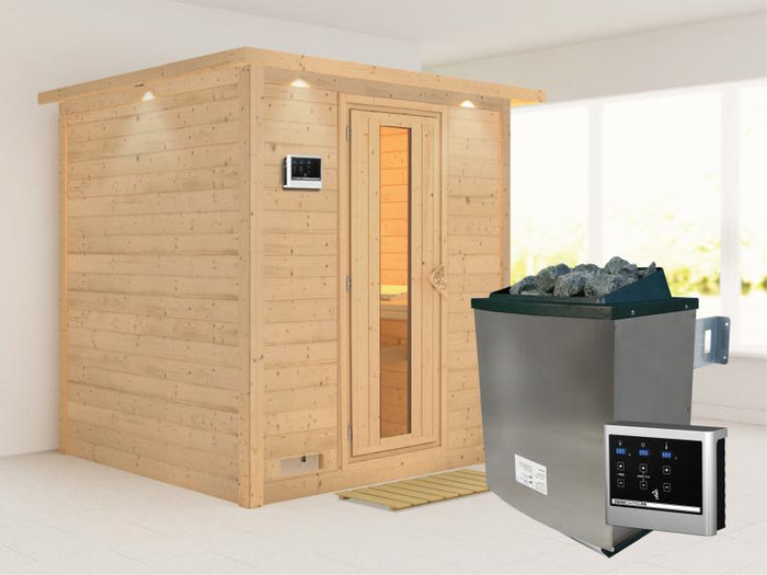 Karibu Sauna Mojave inkl. 9-kW-Ofen mit externer Steuerung, mit Dachkranz, mit energiesparender Saun