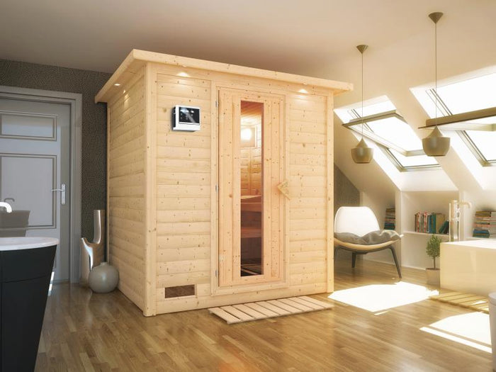 Karibu Sauna Mojave inkl. 9-kW-Ofen mit externer Steuerung, mit Dachkranz, mit energiesparender Saun