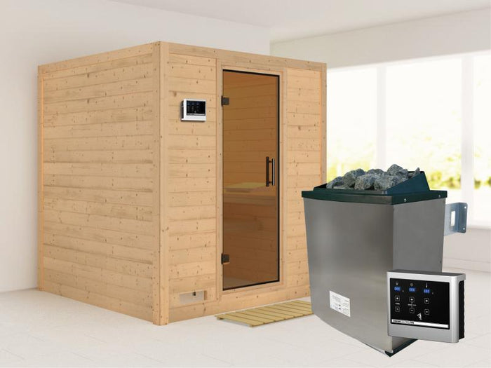 Karibu Sauna Mojave inkl. 9-kW-Ofen mit externer Steuerung, ohne Dachkranz, mit moderner Saunatür