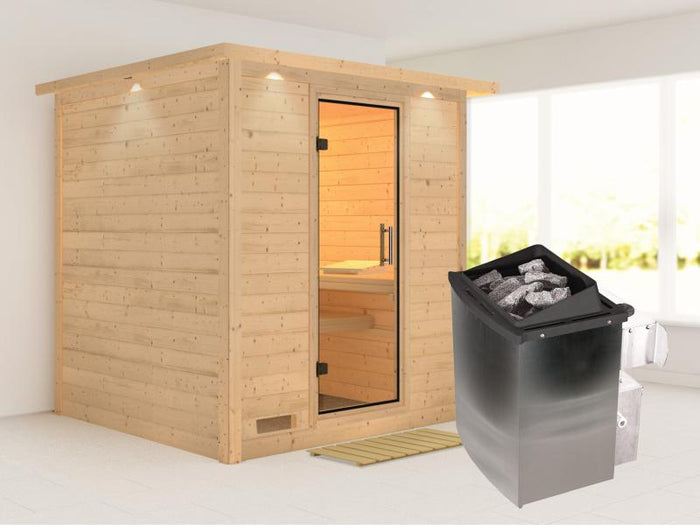 Karibu Sauna Mojave inkl. 9 kW Ofen mit int. Steuerung, mit Dachkranz, mit Klarglas Ganzglastür