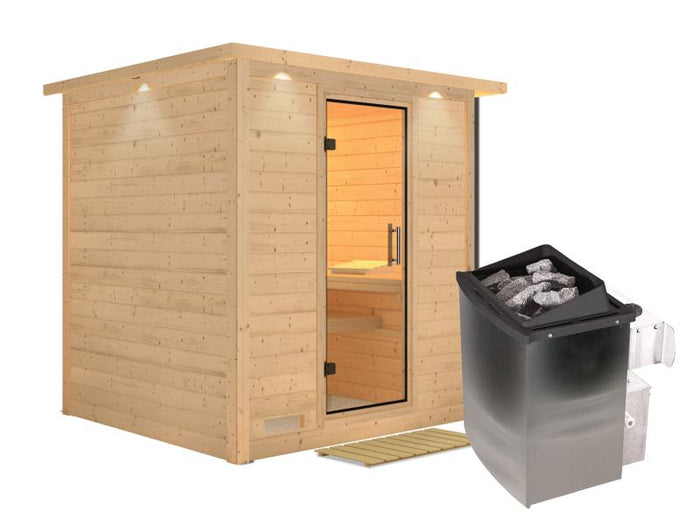 Karibu Sauna Mojave inkl. 9 kW Ofen mit int. Steuerung, mit Dachkranz, mit Klarglas Ganzglastür