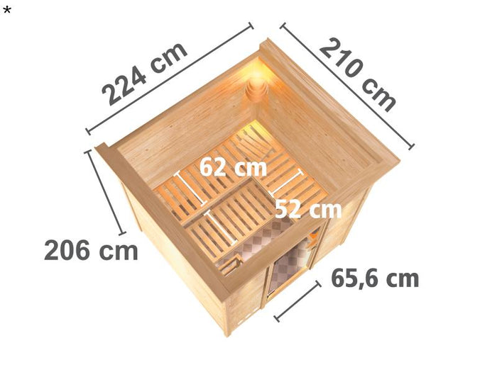 Karibu Sauna Mojave ohne Ofen, mit Dachkranz, mit energiesparender Saunatür