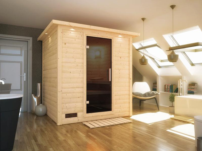 Karibu Sauna Mojave ohne Ofen, mit Dachkranz, mit moderner Saunatür