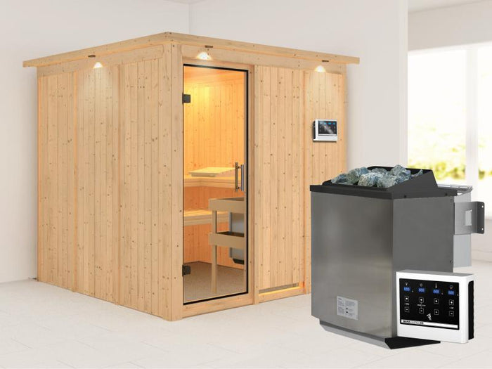 Karibu Sauna Rodin inkl. 9 kW Bio Ofen mit ext. Steuerung, mit Dachkranz, mit Klarglas Ganzglastür
