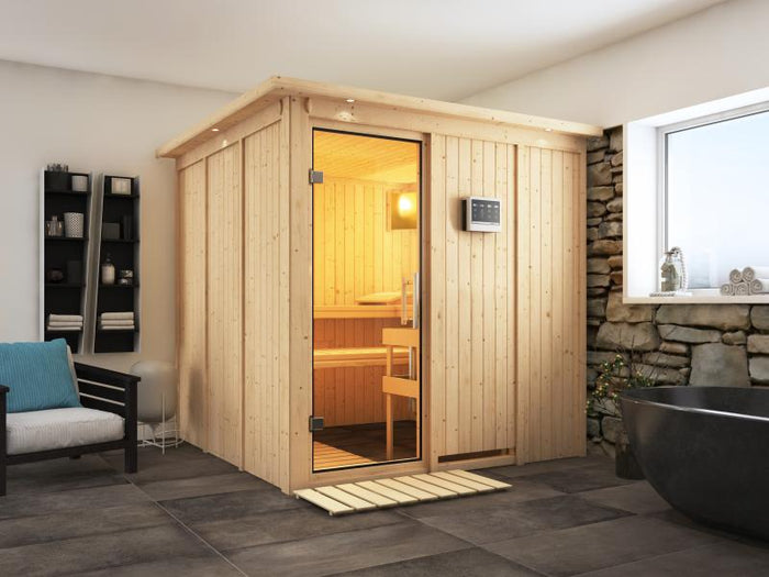 Karibu Sauna Rodin inkl. 9 kW Bio Ofen mit ext. Steuerung, mit Dachkranz, mit Klarglas Ganzglastür