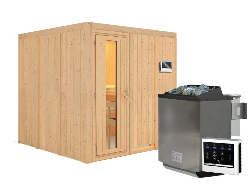 Karibu Sauna Rodin inkl. 9-kW-Bioofen mit externer Steuerung, ohne Dachkranz, mit energiesparender S