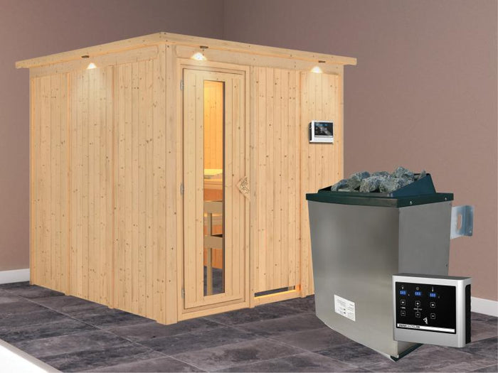 Karibu Sauna Rodin inkl. 9-kW-Ofen mit externer Steuerung, mit Dachkranz, mit energiesparender Sauna