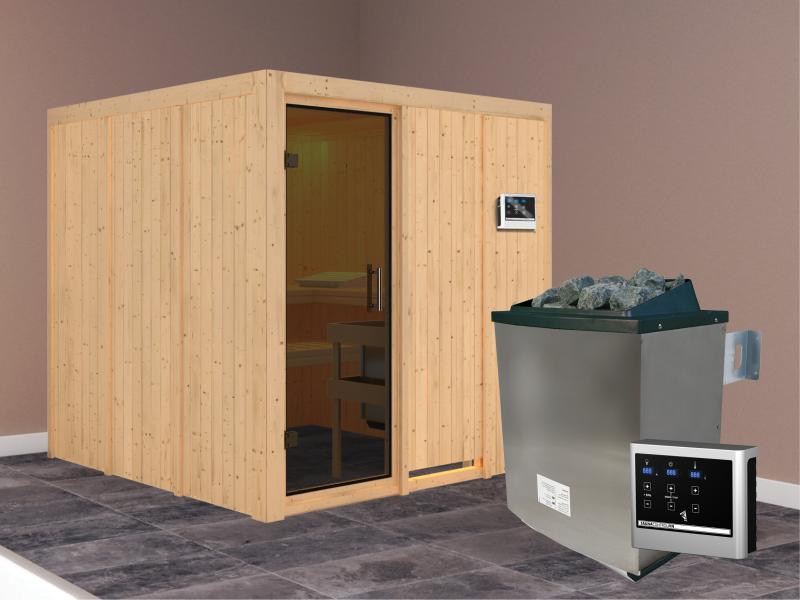Karibu Sauna Rodin inkl. 9-kW-Ofen mit externer Steuerung, ohne Dachkranz, mit moderner Saunatür