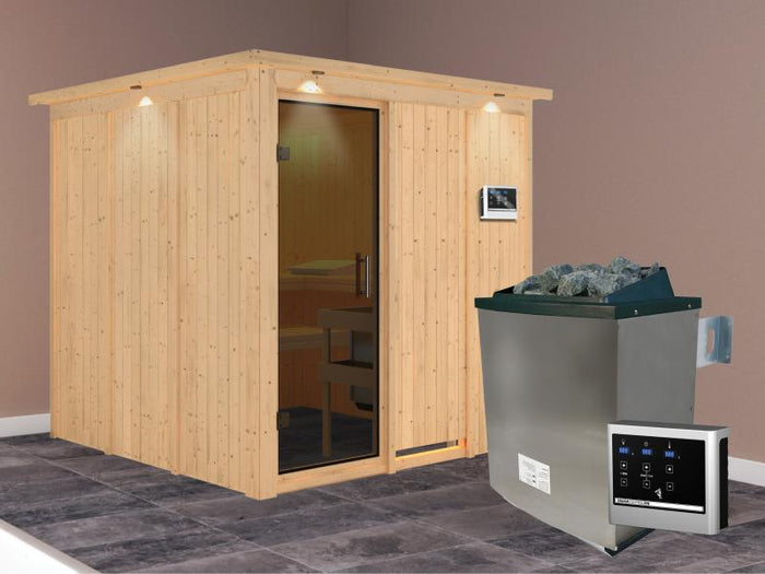 Karibu Sauna Rodin inkl. 9-kW-Ofen mit externer Steuerung, mit Dachkranz, mit moderner Saunatür