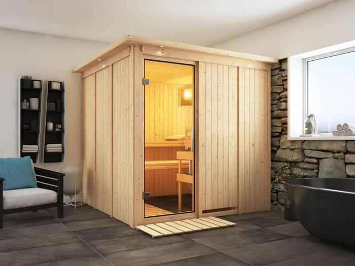 Karibu Sauna Rodin inkl. 9 kW Ofen mit int. Steuerung, mit Dachkranz, mit Klarglas Ganzglastür