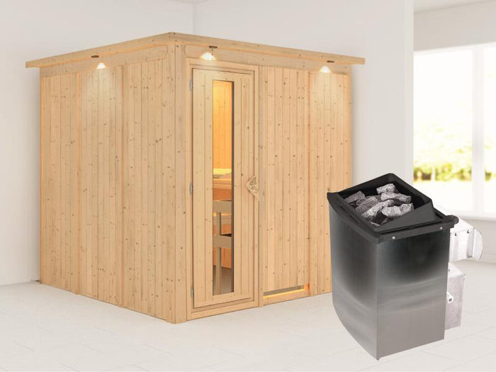 Karibu Sauna Rodin inkl. 9-kW-Ofen mit interner Steuerung, mit Dachkranz, mit energiesparender Sauna