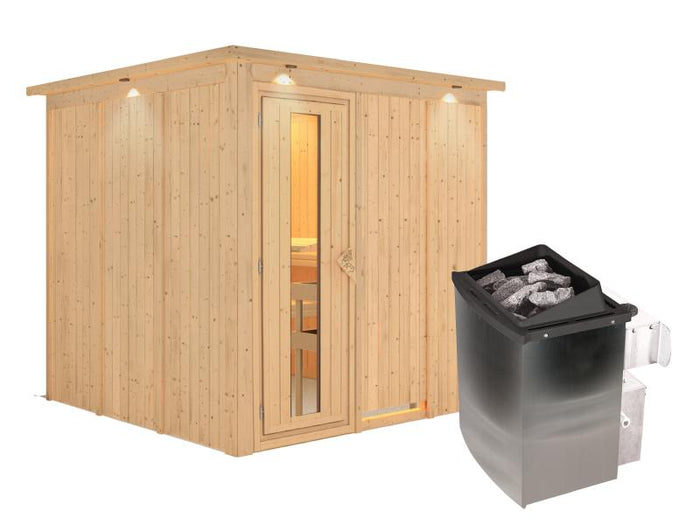 Karibu Sauna Rodin inkl. 9-kW-Ofen mit interner Steuerung, mit Dachkranz, mit energiesparender Sauna
