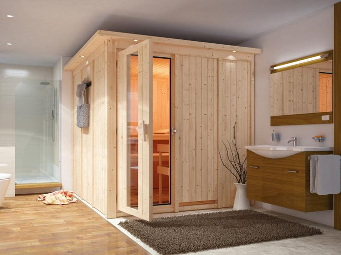 Karibu Sauna Rodin inkl. 9-kW-Ofen mit interner Steuerung, mit Dachkranz, mit energiesparender Sauna