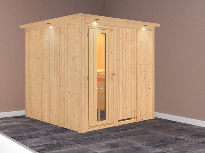 Karibu Sauna Rodin ohne Ofen, mit Dachkranz, mit energiesparender Saunatür