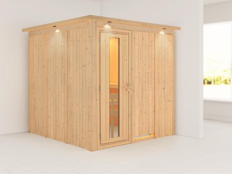 Karibu Sauna Rodin ohne Ofen, mit Dachkranz, mit energiesparender Saunatür
