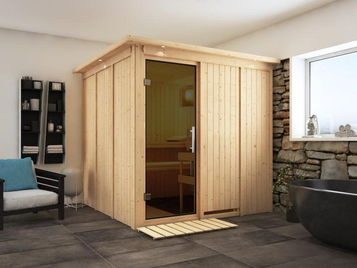 Karibu Sauna Rodin ohne Ofen, mit Dachkranz, mit moderner Saunatür