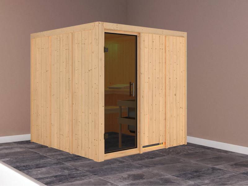 Karibu Sauna Rodin ohne Ofen, ohne Dachkranz, mit moderner Saunatür