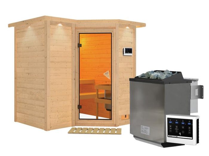 Karibu Sauna Sahib 1 inkl. 9 kW Bioofen ext. Steuerung, mit klassischer Saunatür -mit Dachkranz-