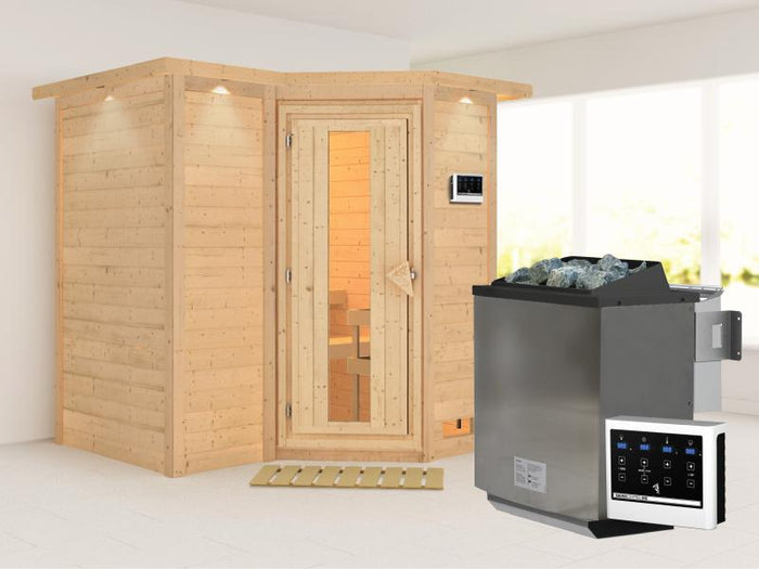 Karibu Sauna Sahib 1 inkl. 9 kW Bioofen ext. Steuerung, mit energiesparender Saunatür -mit Dachkranz