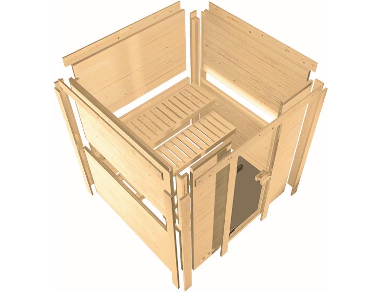 Karibu Sauna Sahib 1 inkl. 9 kW Bioofen ext. Steuerung, mit energiesparender Saunatür -mit Dachkranz