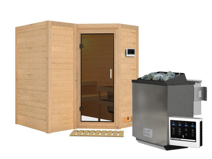 Karibu Sauna Sahib 1 inkl. 9 kW Bioofen ext. Steuerung, mit moderner Saunatür -ohne Dachkranz-