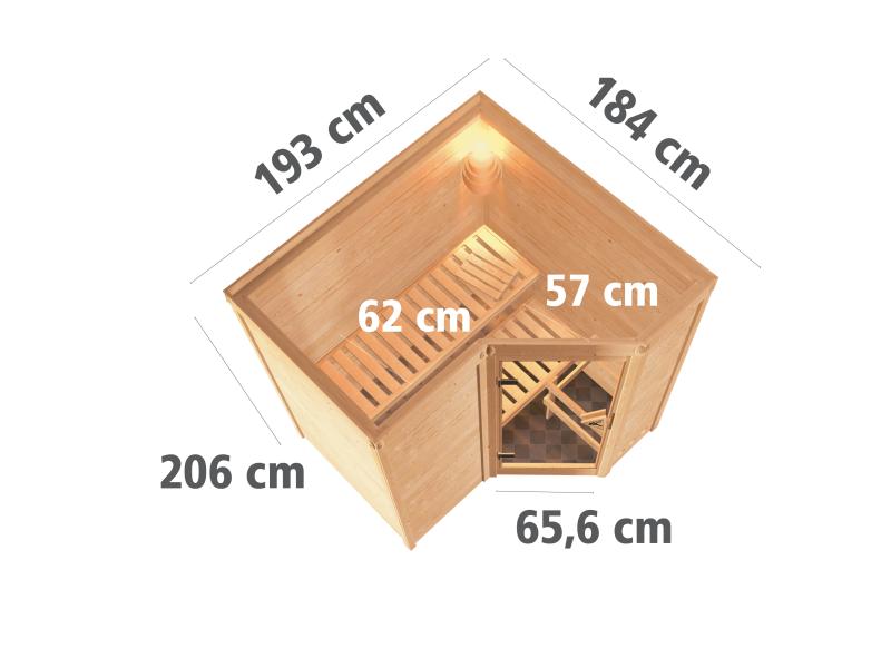 Karibu Sauna Sahib 1 inkl. 9 kW Bioofen ext. Steuerung, mit moderner Saunatür -ohne Dachkranz-