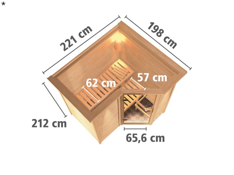 Karibu Sauna Sahib 1 inkl. 9 kW Bioofen ext. Steuerung, mit moderner Saunatür -mit Dachkranz-