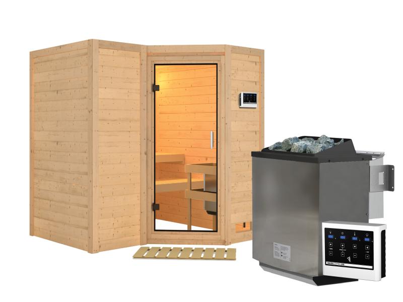 Karibu Sauna Sahib 1 inkl. 9 kW Bioofen ext. Steuerung, mit Klarglas-Ganzglastür - ohne Dachkranz-