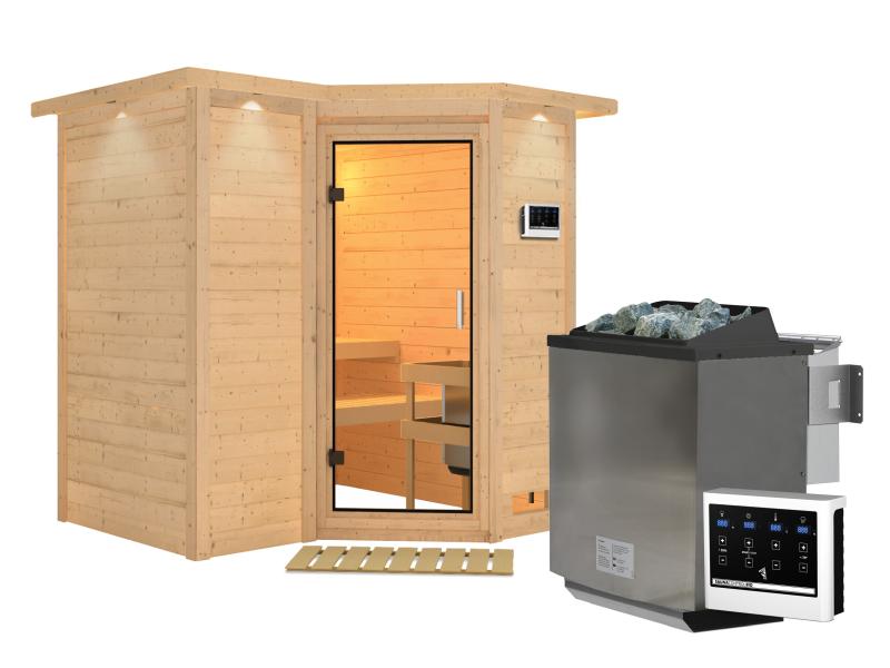 Karibu Sauna Sahib 1 inkl. 9 kW Bioofen mit ext. Steuerung, mit Klarglas-Ganzglastür -mit Dachkranz-