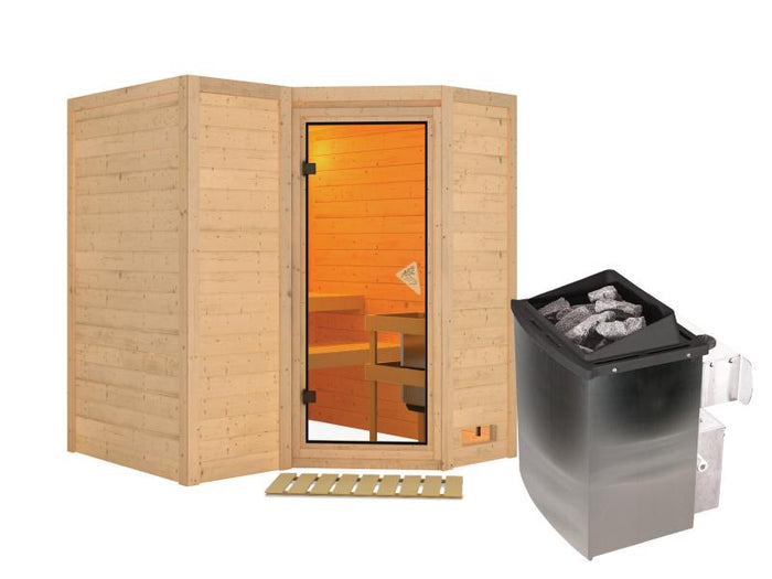 Karibu Sauna Sahib 1 inkl. 9 kW Ofen integr. Steuerung, mit klassischer Saunatür -ohne Dachkranz-