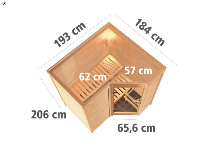 Karibu Sauna Sahib 1 inkl. 9 kW Ofen integr. Steuerung, mit klassischer Saunatür -ohne Dachkranz-