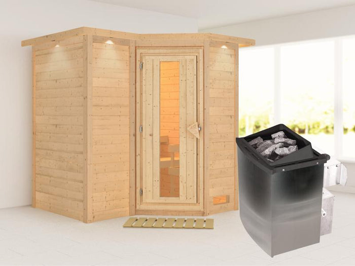 Karibu Sauna Sahib 1 inkl. 9 kW Ofen integr. Steuerung, mit energiesparender Saunatür -mit Dachkranz