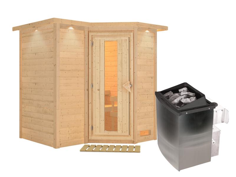 Karibu Sauna Sahib 1 inkl. 9 kW Ofen integr. Steuerung, mit energiesparender Saunatür -mit Dachkranz