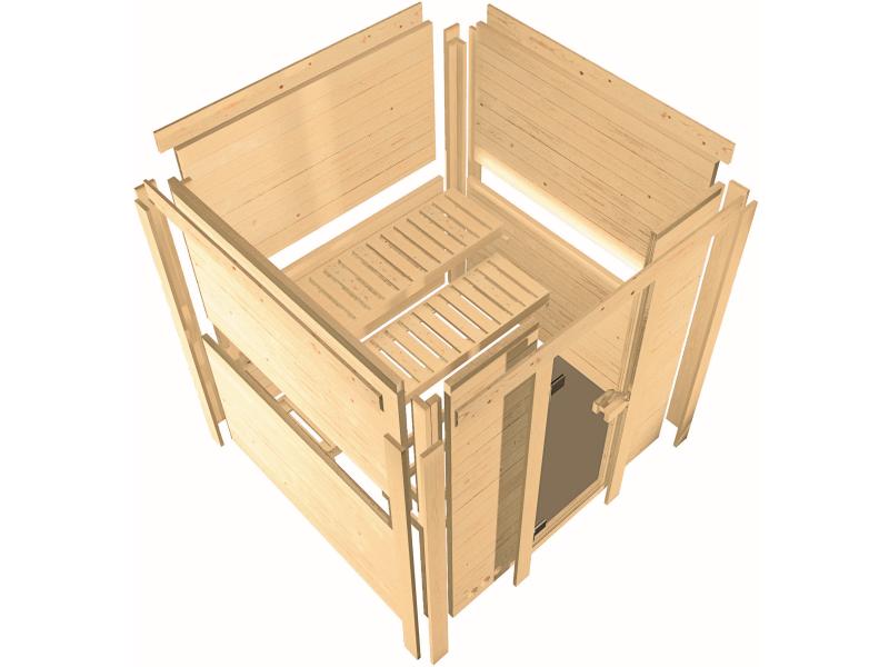 Karibu Sauna Sahib 1 inkl. 9 kW Ofen integr. Steuerung, mit moderner Saunatür -ohne Dachkranz-