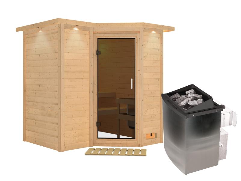 Karibu Sauna Sahib 1 inkl. 9 kW Ofen integr. Steuerung, mit moderner Saunatür -mit Dachkranz-