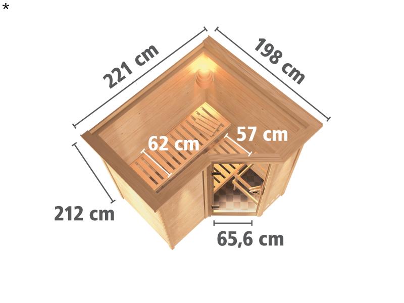 Karibu Sauna Sahib 1 inkl. 9 kW Ofen integr. Steuerung, mit moderner Saunatür -mit Dachkranz-
