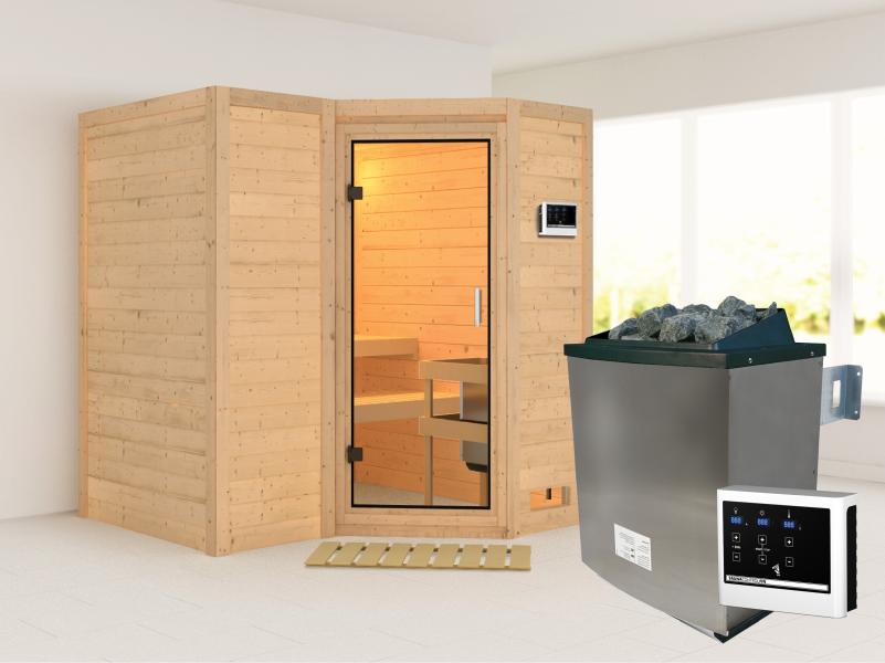 Karibu Sauna Sahib 1 inkl. 9 kW Ofen mit ext. Steuerung, mit Klarglas-Ganzglastür -ohne Dachkranz-