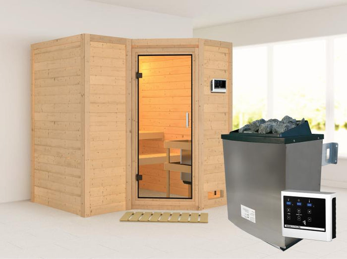 Karibu Sauna Sahib 1 inkl. 9 kW Ofen mit ext. Steuerung, mit Klarglas-Ganzglastür -ohne Dachkranz-