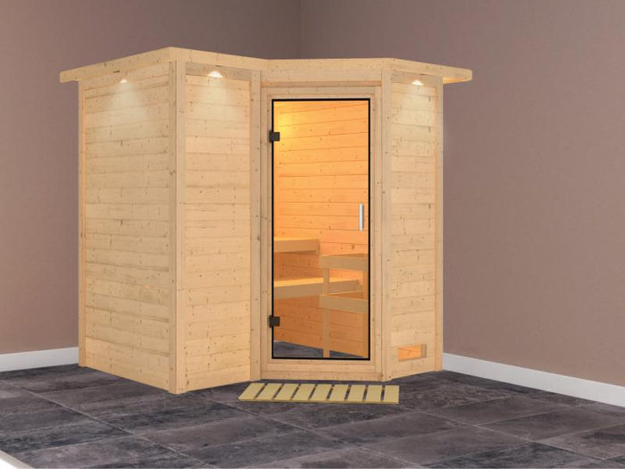 Karibu Sauna Sahib 1 ohne Ofen, mit Klarglas-Ganzglastür -mit Dachkranz-