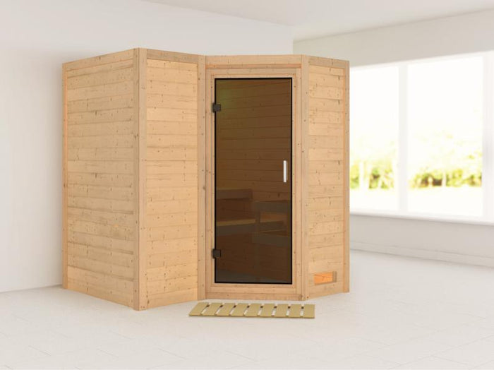 Karibu Sauna Sahib 1 ohne Ofen, mit moderner Saunatür -ohne Dachkranz-