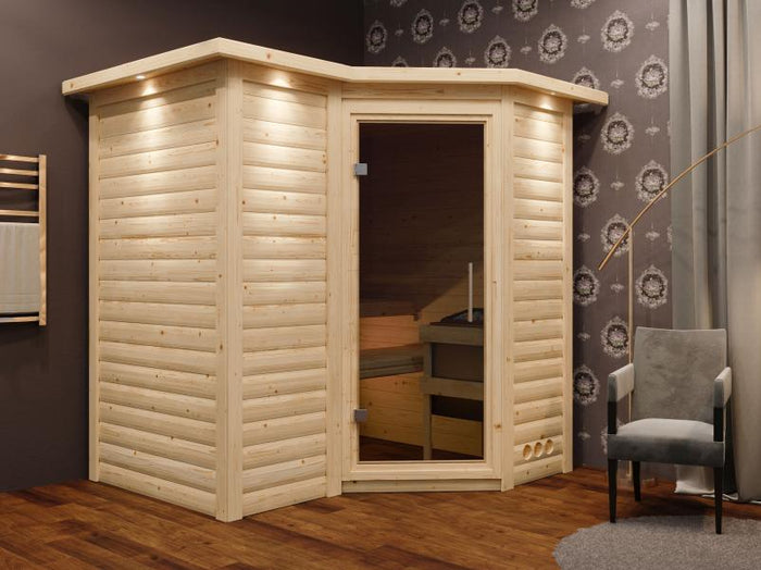 Karibu Sauna Sahib 1 ohne Ofen, mit moderner Saunatür -mit Dachkranz-