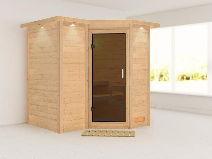 Karibu Sauna Sahib 1 ohne Ofen, mit moderner Saunatür -mit Dachkranz-