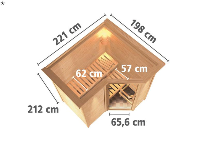 Karibu Sauna Sahib 1 ohne Ofen, mit energiesparender Saunatür -mit Dachkranz-