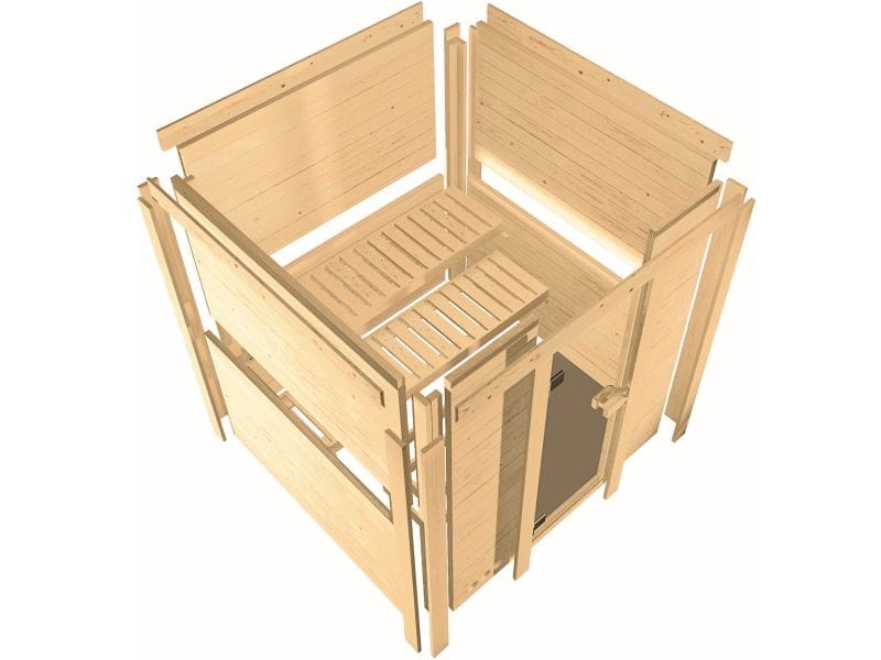 Karibu Sauna Sahib 1 ohne Ofen, mit energiesparender Saunatür -mit Dachkranz-