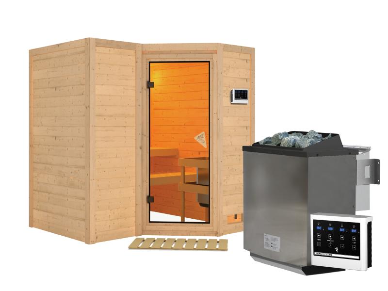 Karibu Sauna Sahib 1, inkl. 9 kW Bioofen ext. Steuerung, mit klassischer Tür -ohne Dachkranz-