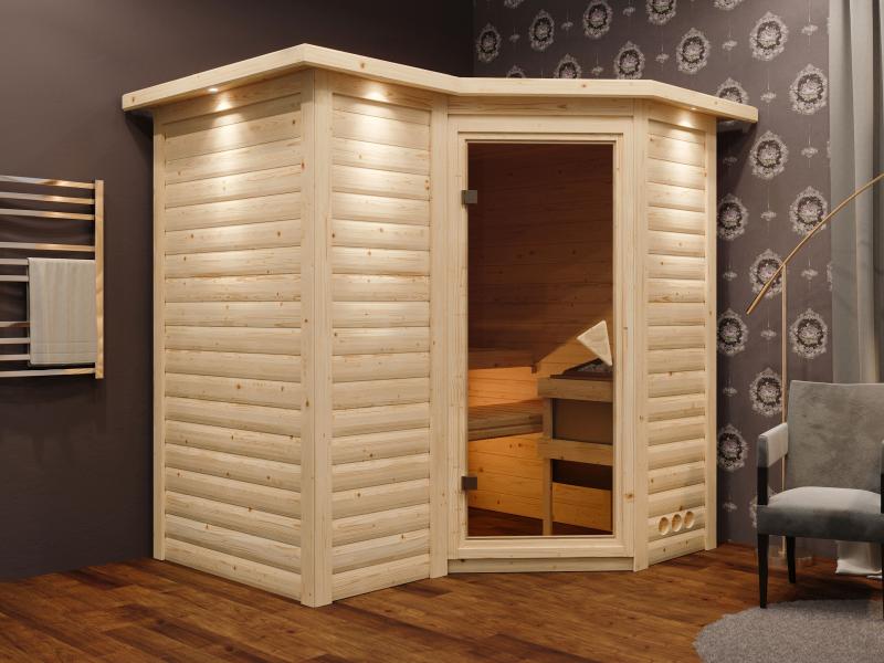 Karibu Sauna Sahib 1, ohne Ofen, mit klassischer Saunatür -mit Dachkranz-