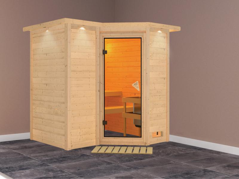 Karibu Sauna Sahib 1, ohne Ofen, mit klassischer Saunatür -mit Dachkranz-