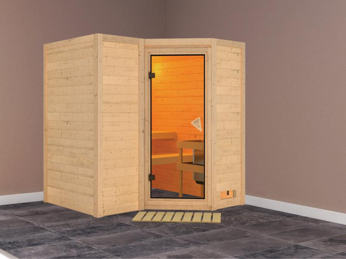 Karibu Sauna Sahib 1,ohne Ofen, mit klassicher Saunatür -ohne Dachkranz-