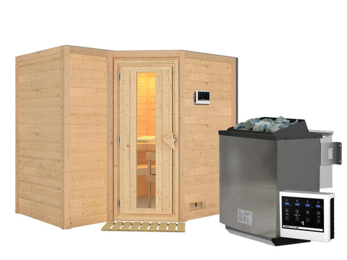 Karibu Sauna Sahib 2 inkl. 9-kW-Bioofen mit externer Steuerung, ohne Dachkranz, mit energiesparender